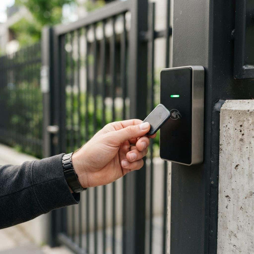 A hand holding an RFID key fob up to a card reader beside a commercial gate