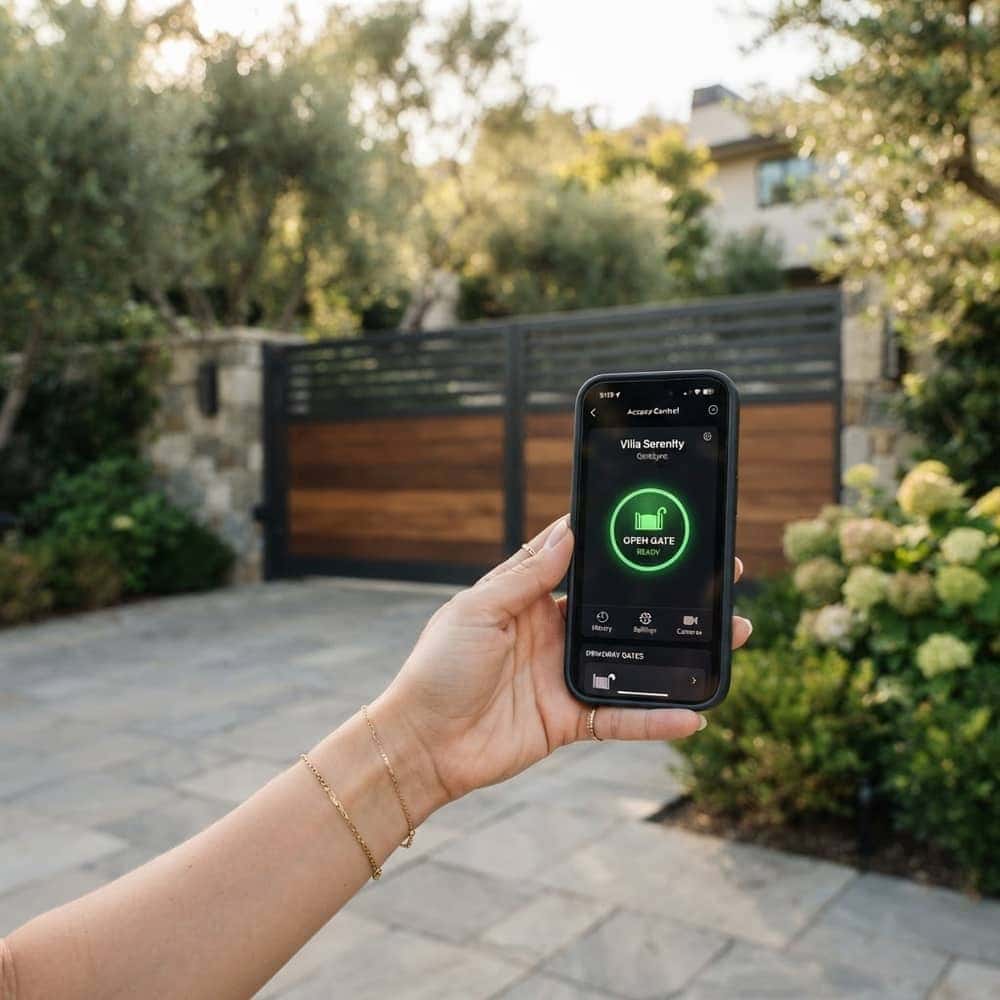 Hand holding a smartphone with a gate-access app open in front of a driveway gate