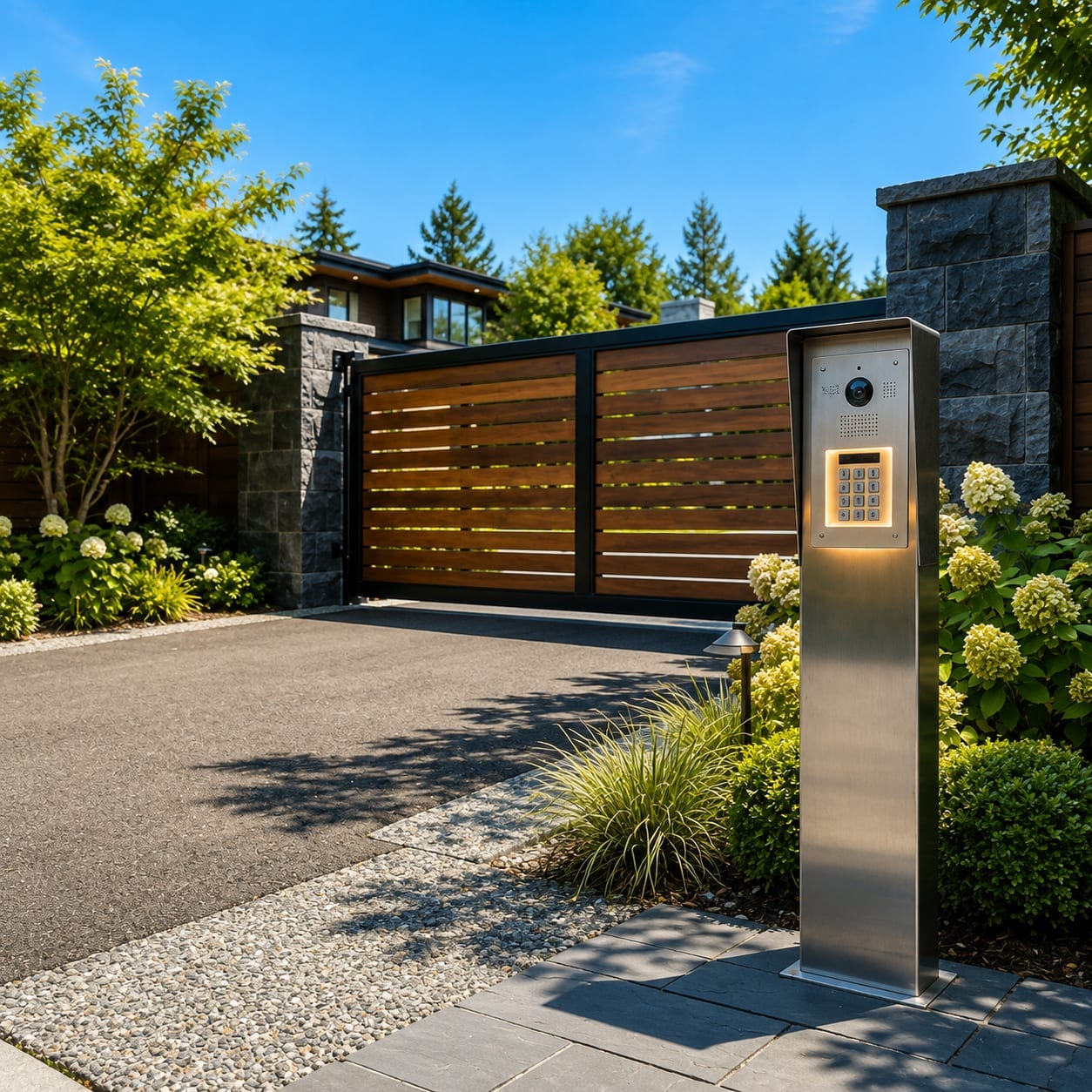 Illuminated video intercom and keypad pedestal at a gated driveway entrance at dusk