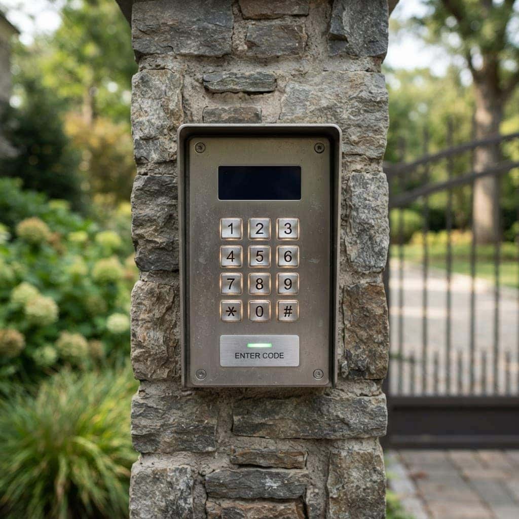 Weatherproof stainless-steel gate entry keypad mounted on a stone pillar