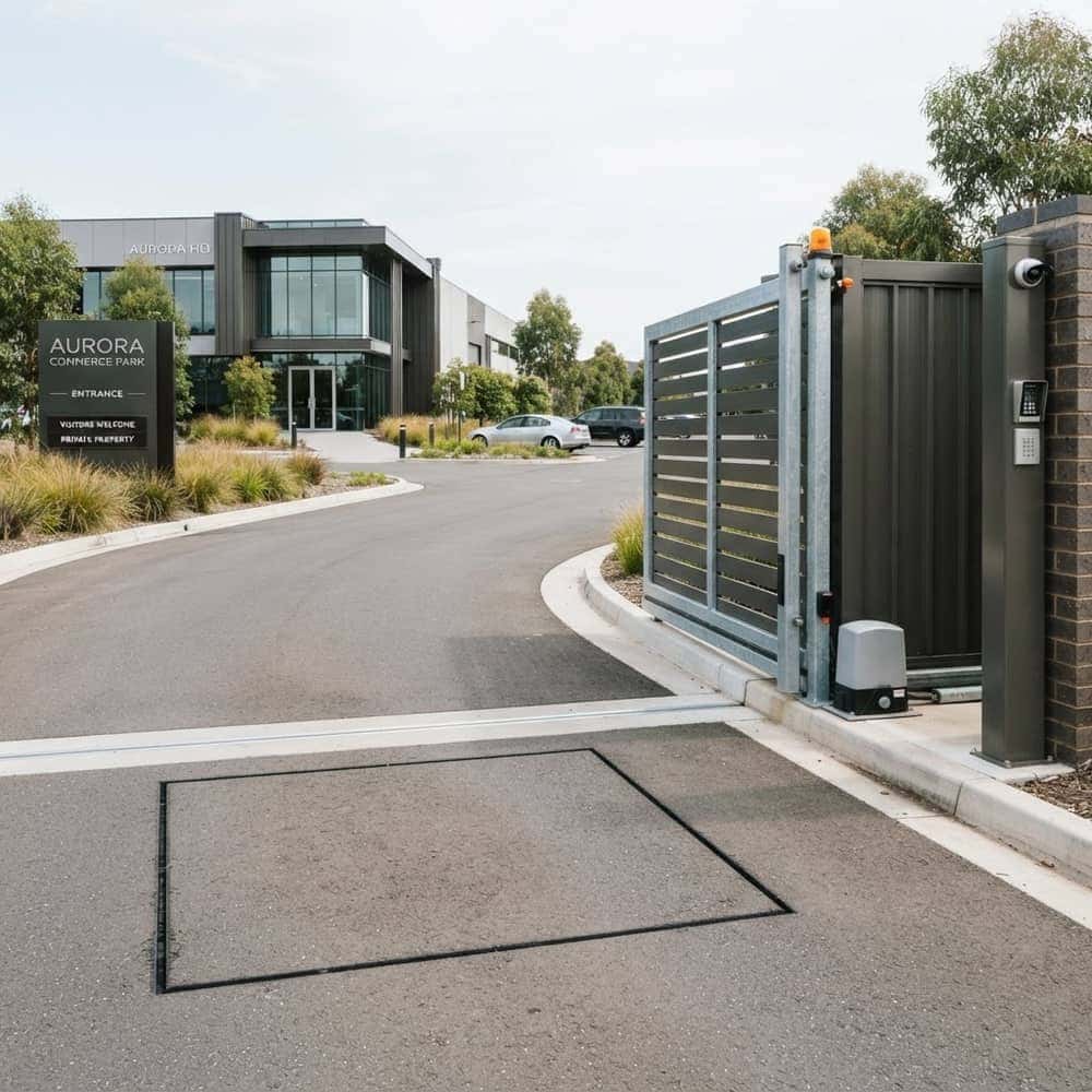 Open automatic sliding gate at a paved entrance with a vehicle detection loop in the asphalt