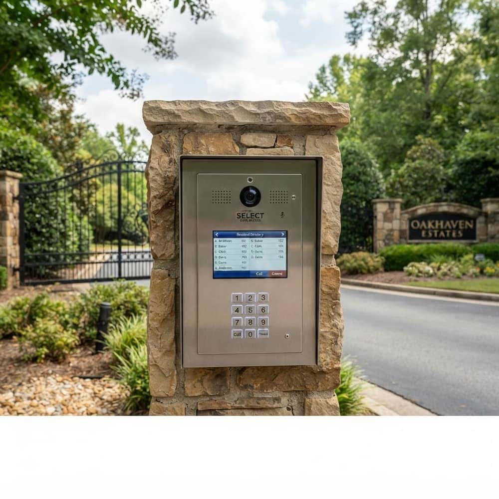 Multi-tenant telephone entry panel with a resident directory on a stone pillar