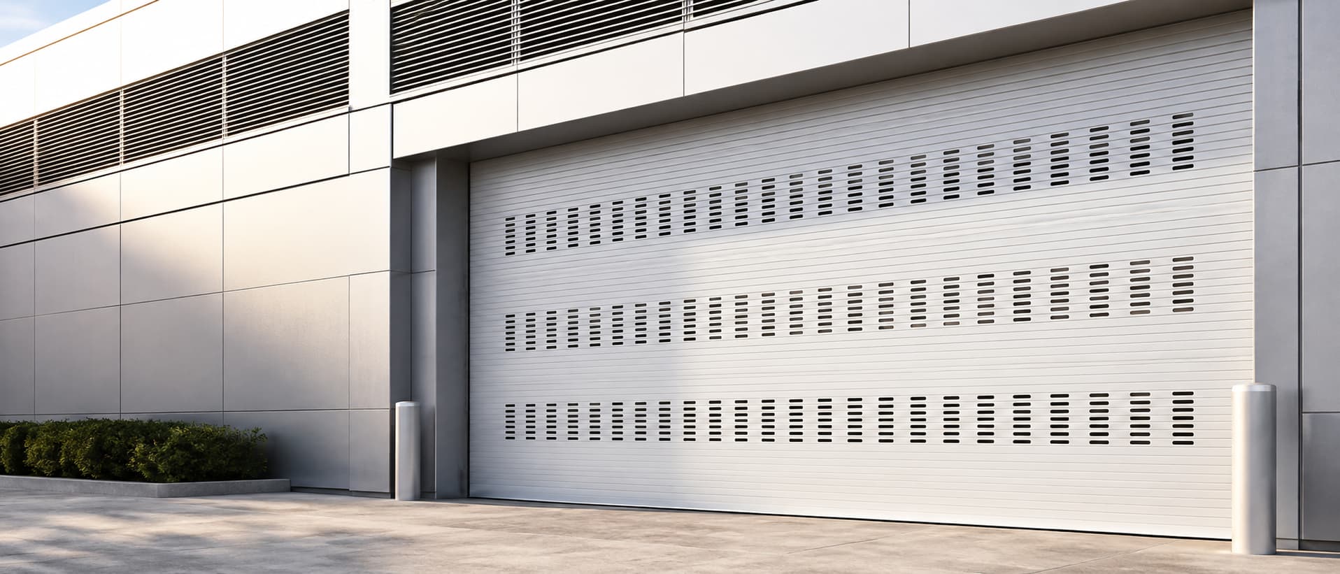 White perforated roll up door with vision slots closed across a wide commercial building opening