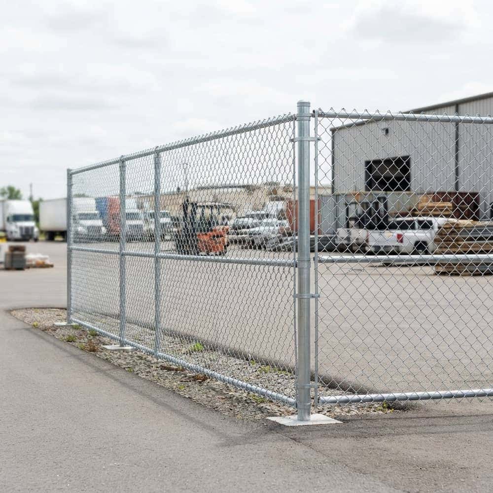 Galvanized silver chain-link fence enclosing a commercial storage yard