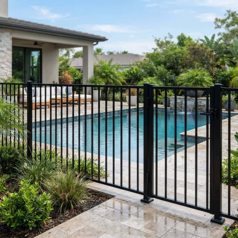 Black powder-coated ornamental aluminum fence enclosing a backyard pool