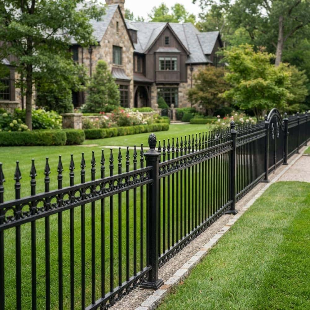 Black ornamental wrought-iron fence with spear-top finials along an estate perimeter