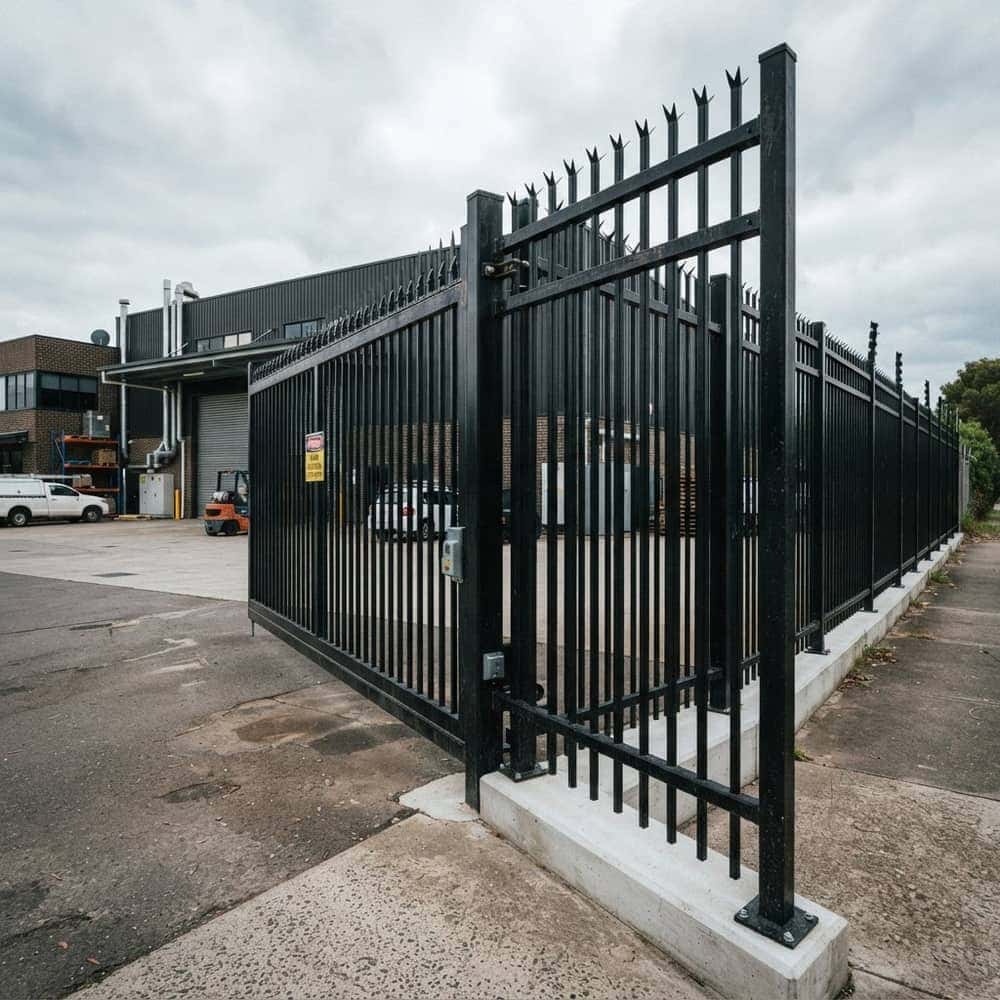 Tall heavy-gauge black steel anti-climb security fence at a commercial property