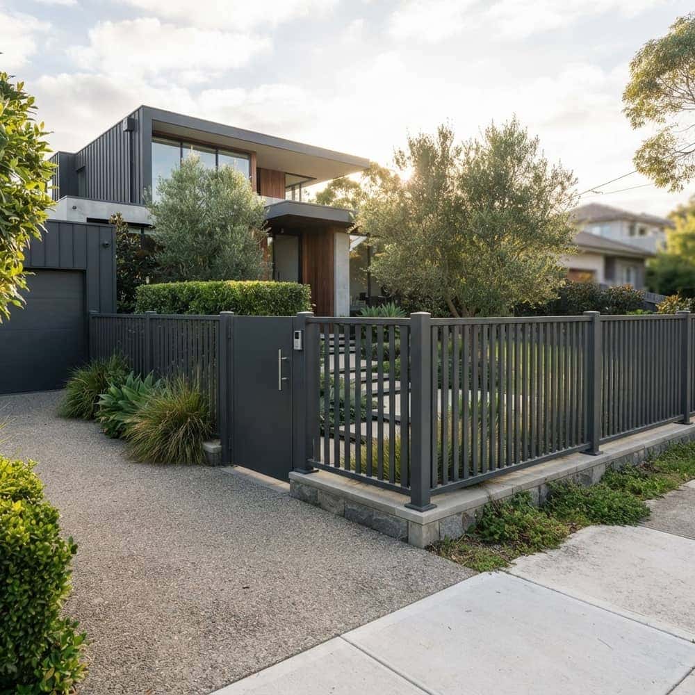 Modern matte dark-gray tubular steel flat-top fence on a residential boundary