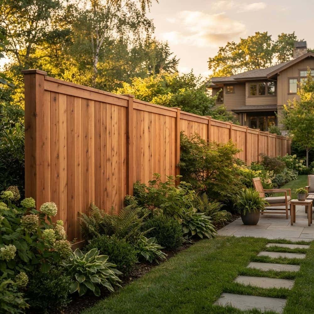 Tall cedar wood privacy fence with warm redwood tones in a backyard
