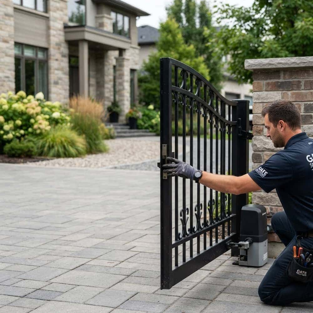 Automatic driveway gate stuck partway closed while a technician tests the gate edge