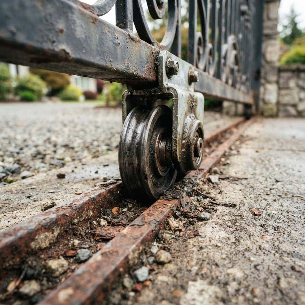 Worn sliding gate roller riding on a rusty ground track with debris