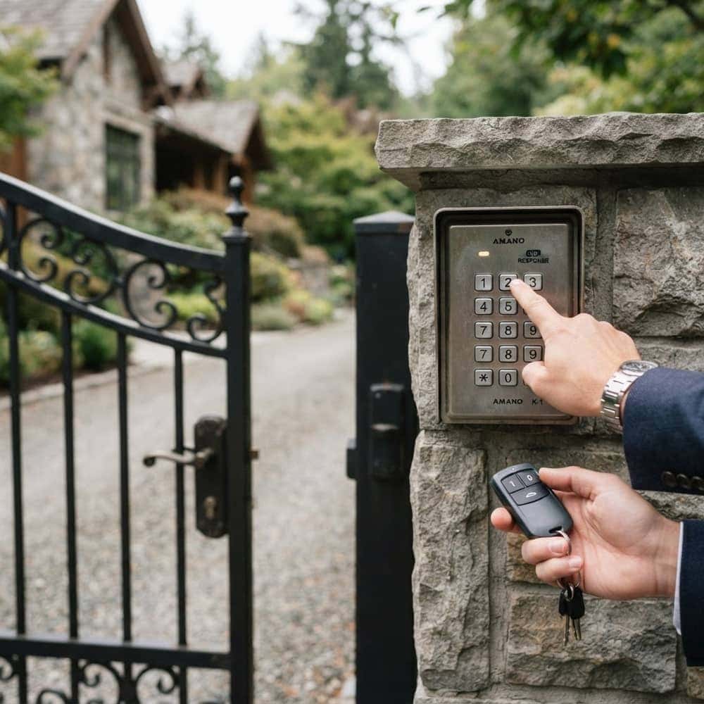 Person pressing a weatherproof gate entry keypad that is not responding