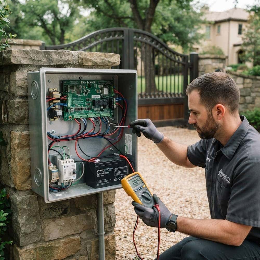Open gate operator control box revealing a control board and backup battery