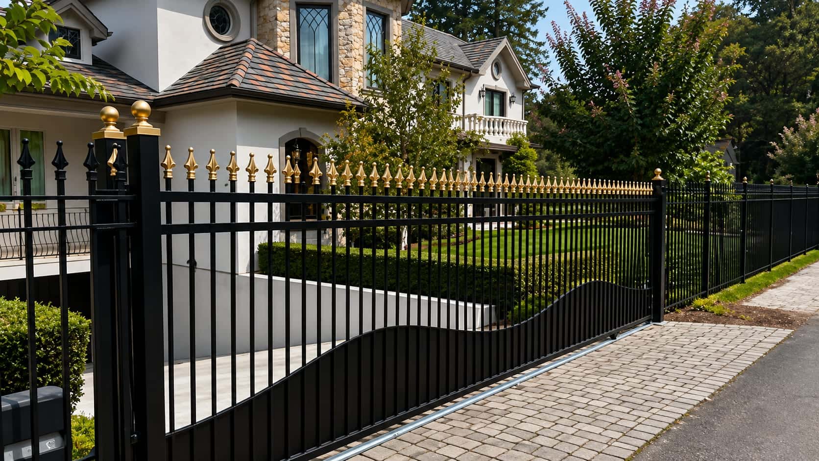 Ornamental iron estate fence with gold finial tips and matching gate