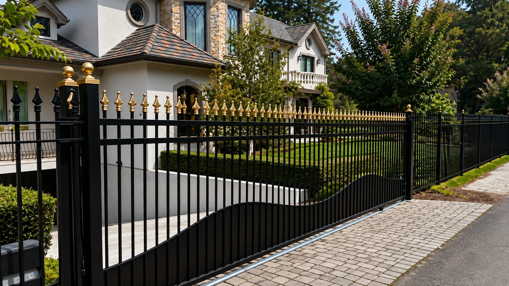 Matched ornamental iron fence and automatic driveway gate installed by NGL Automatic Gates