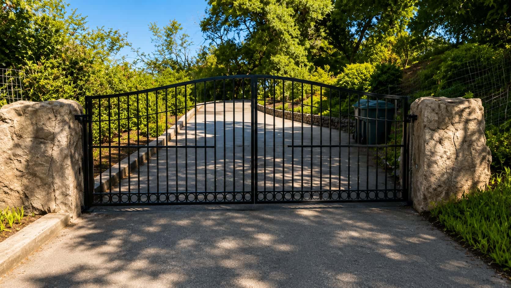 Dual swing wrought iron driveway gate at the end of a gravel drive