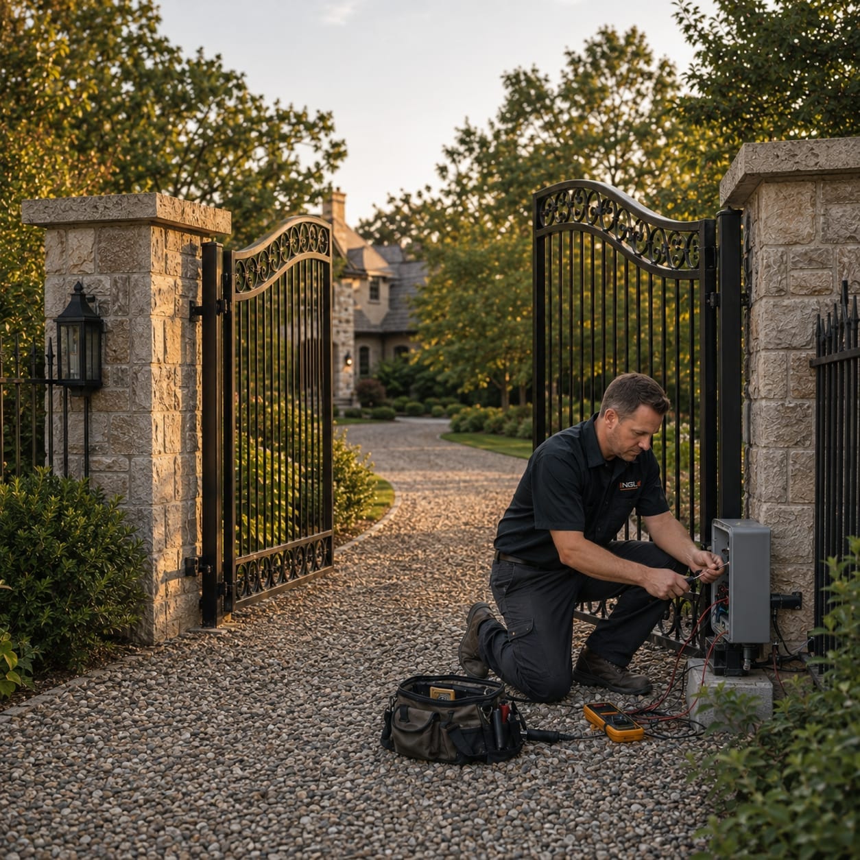 NGL Automatic Gates technician repairing an elegant automatic driveway gate at a luxury home at golden hour