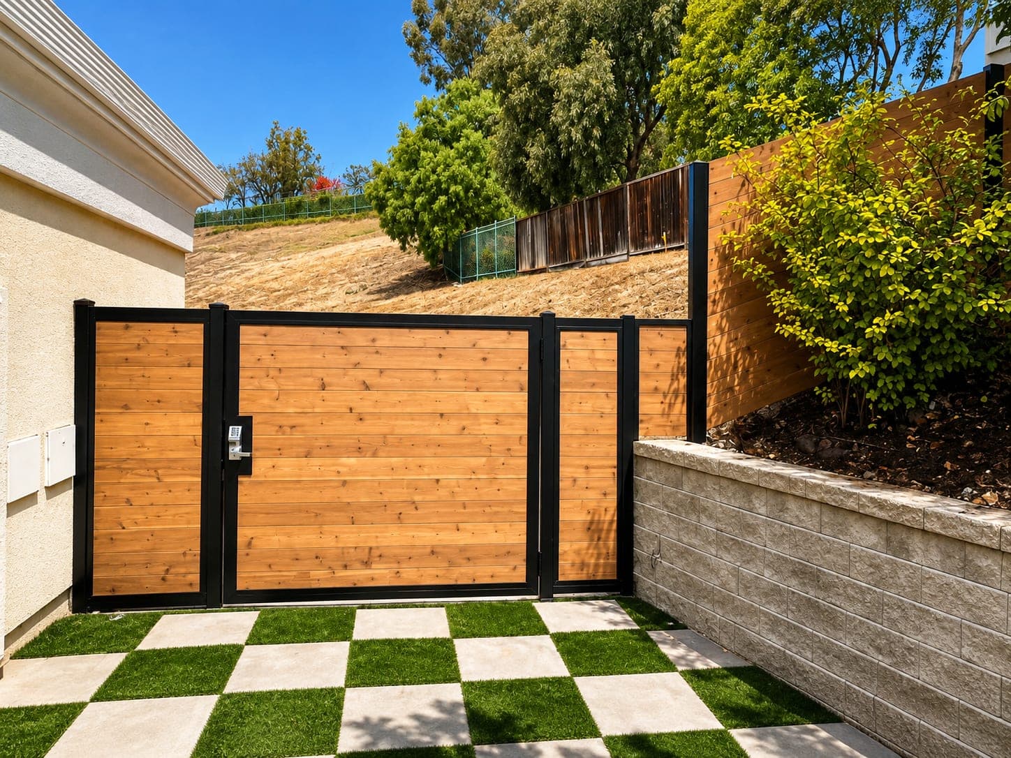 Automatic driveway gate installed on a sloped hillside driveway on the mid-Peninsula