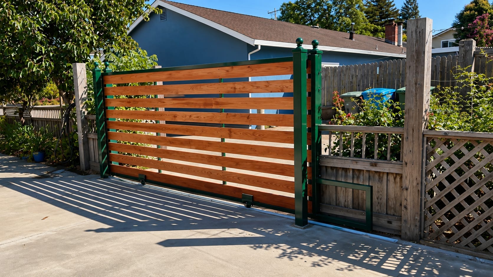 Warm wood-slat automatic driveway gate
