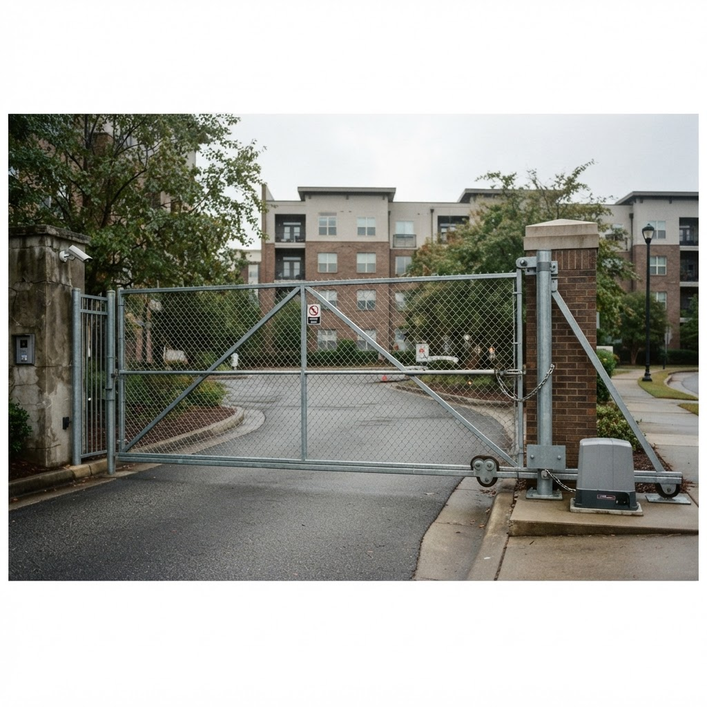 Commercial cantilever sliding security gate at a San Jose apartment complex