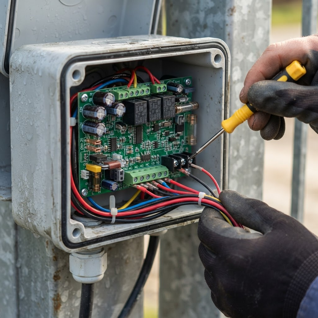 Access control wiring and controller inside a weatherproof enclosure