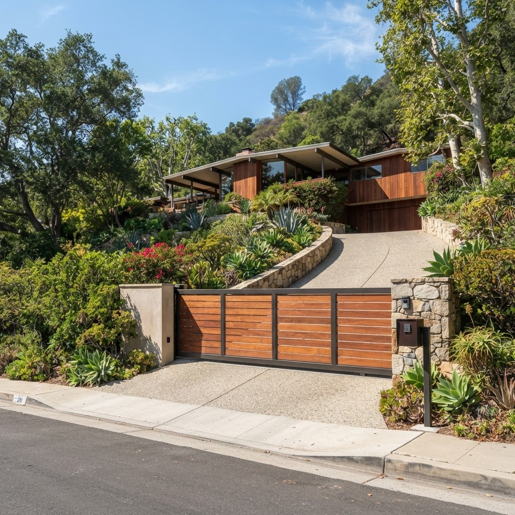 Automatic driveway gate on a sloped hillside lot in San Carlos