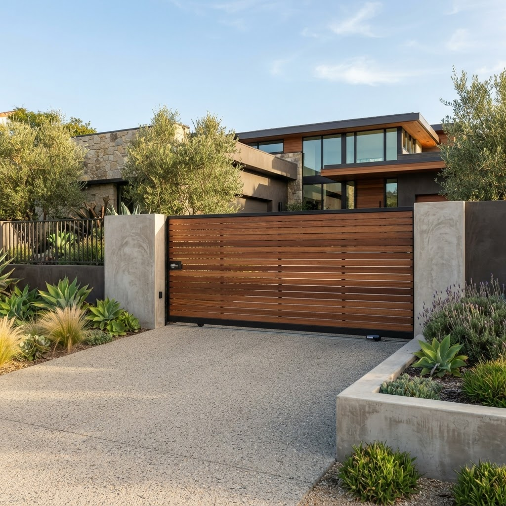 Modern horizontal slat automatic driveway gate at a Palo Alto home