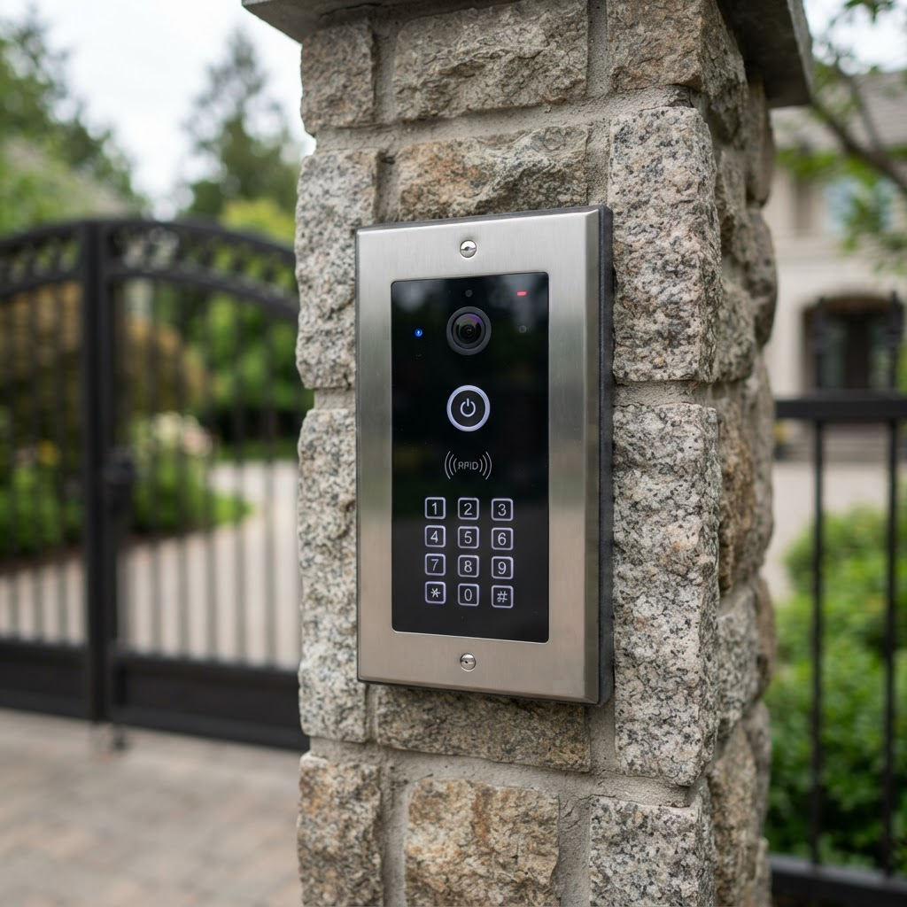 Modern video intercom keypad access control panel at a residential driveway
