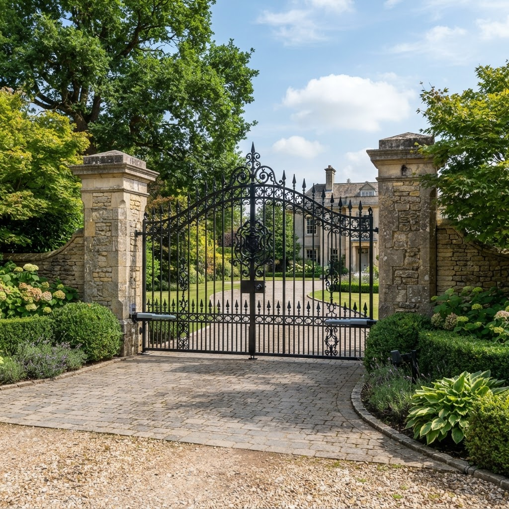 Custom black wrought iron automatic swing driveway gate installed by NGL Automatic Gates
