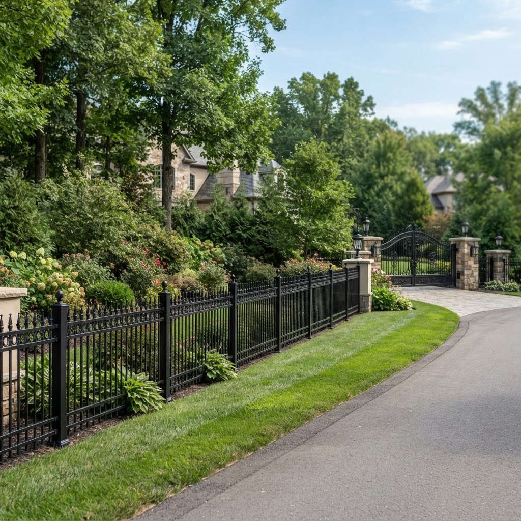 Ornamental black aluminum security fence line along an upscale property